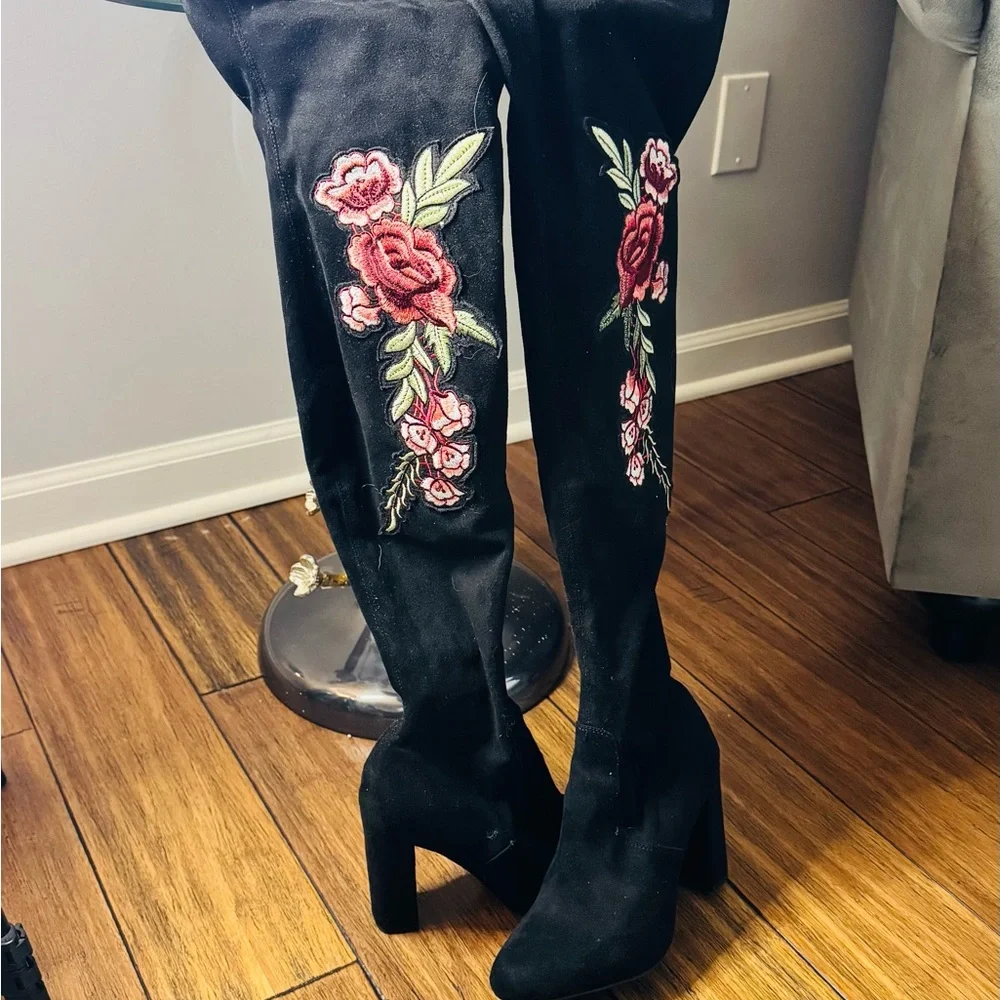 Steve Madden Black Rose Embroidered Over the Knee Faux Suede Boots